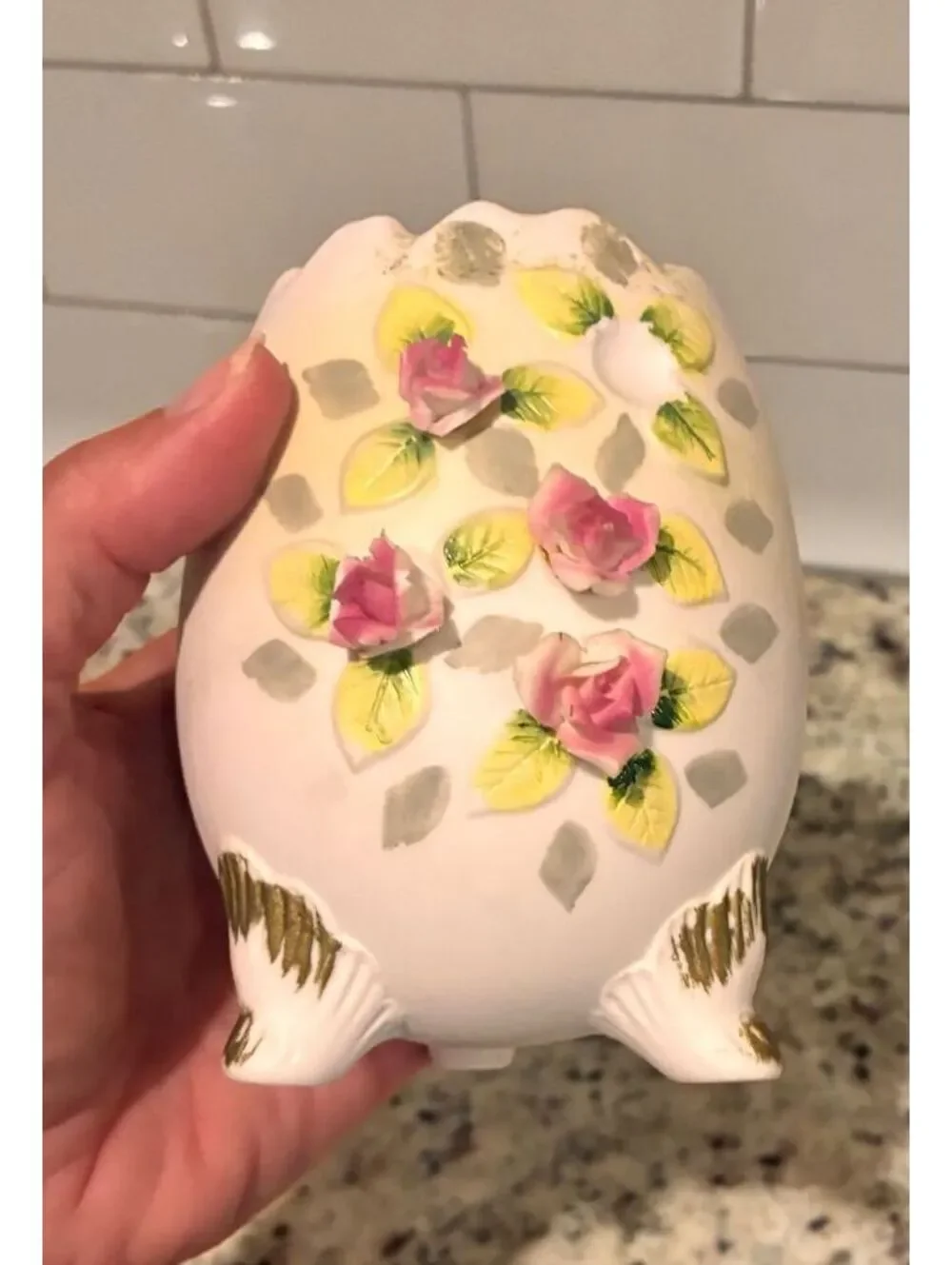 Vintage Ceramic Egg-Shaped Planter with Pink Floral Detailing